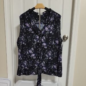 Elegant Floral Tie-Neck Blouse - Black and Purple